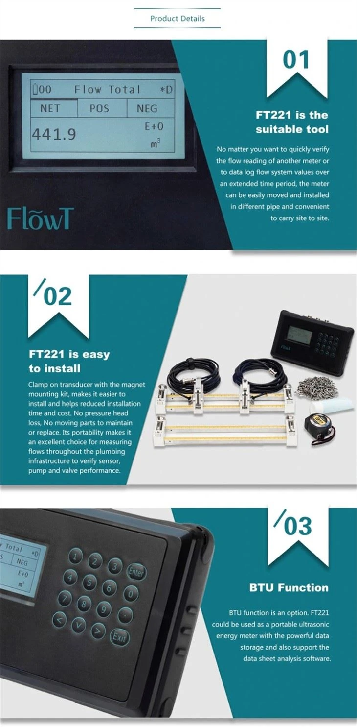 Handheld FT221 River Water Flow Meter Ultrasonic Flowmeter Portable Outside Clamping Handheld Flow Meter